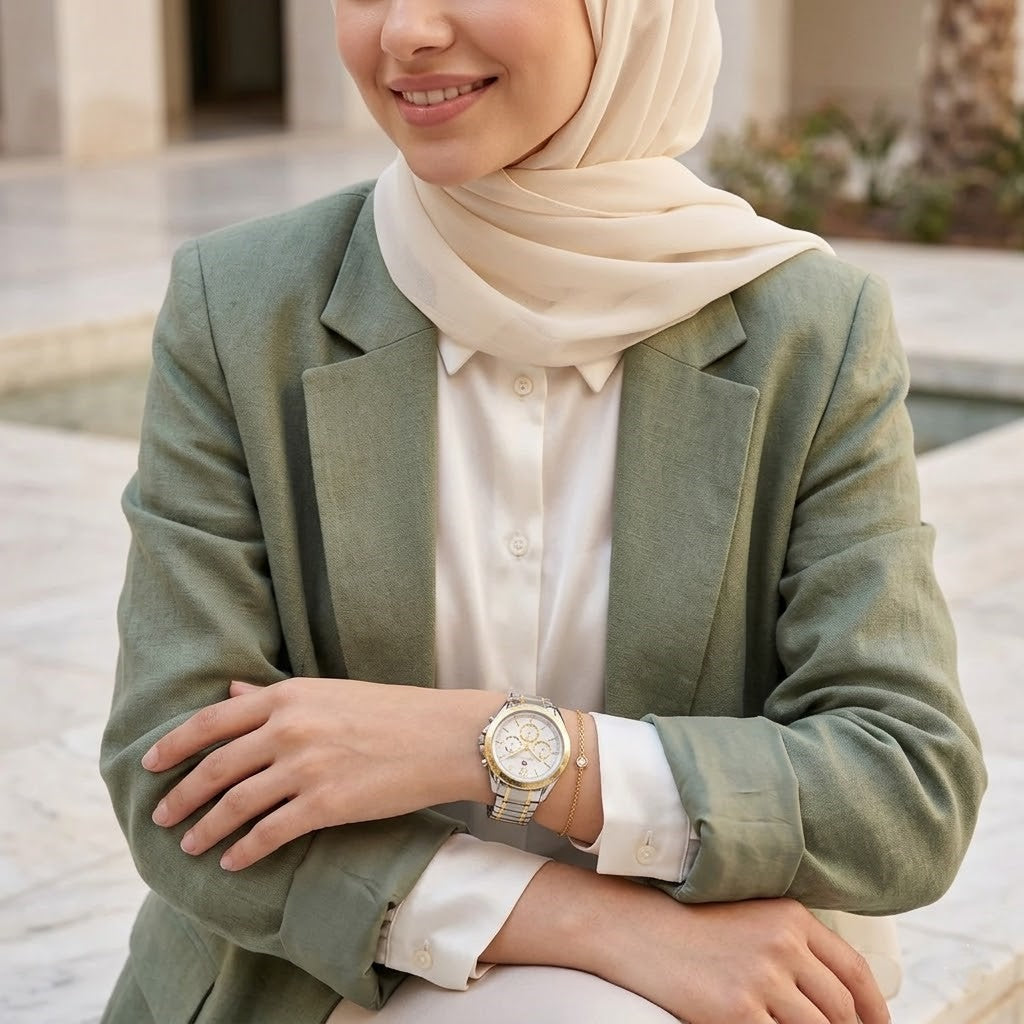 Lifestyle photo of Tommy Hilfiger 1782555 showing the elegant two-tone watch on a woman's wrist