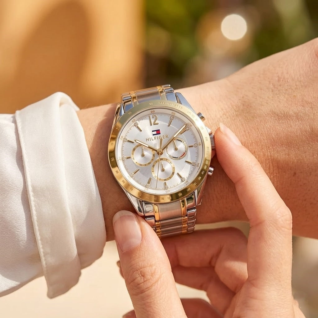 1782555-tommy-hilfiger-kenzie-original-women-metal-multi-function-silver-dial-two-tone-strap-wrist-close-up