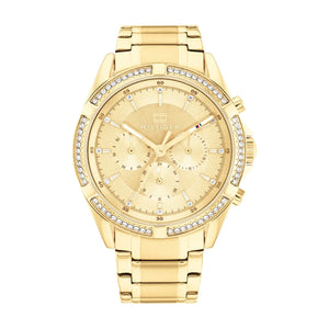 Authentic real-life photo of Tommy Hilfiger 1782556 showing actual gold finish and crystal bezel