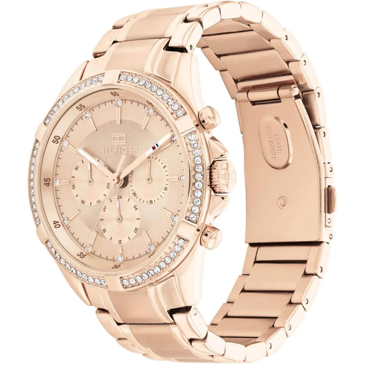 Angled real-life photo of Tommy Hilfiger 1782558 showing the polished rose gold case and crystal detail