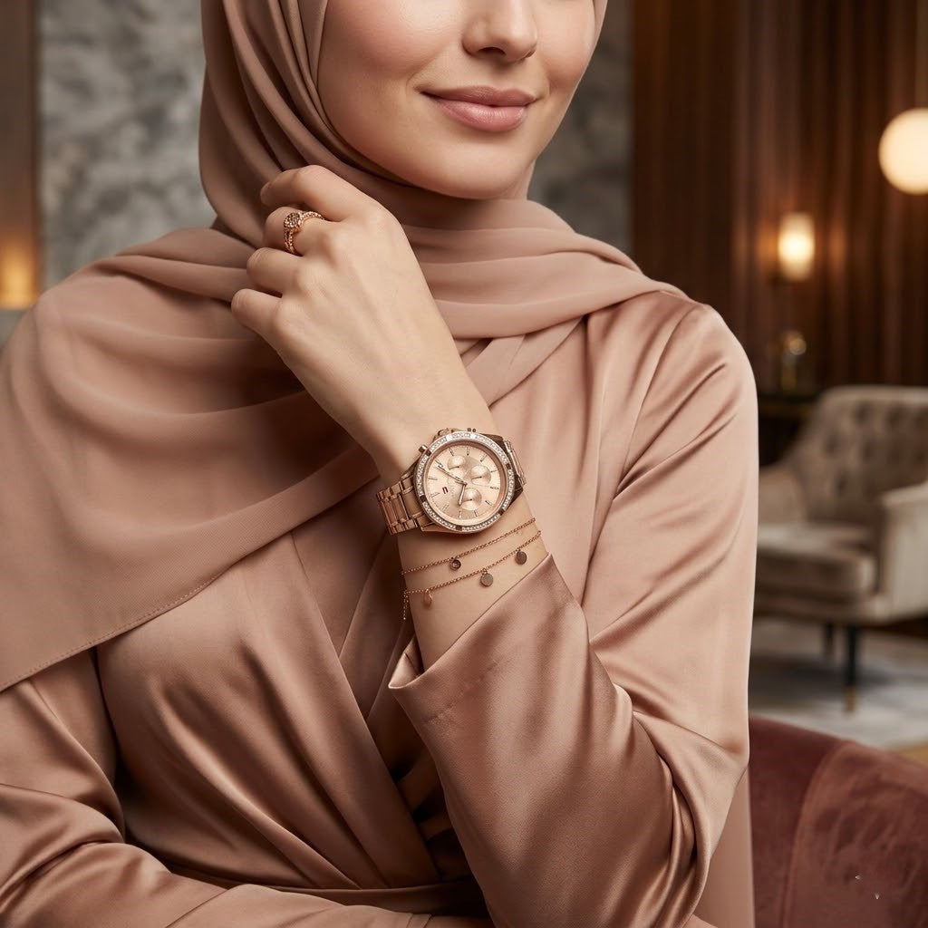 Lifestyle photo of Tommy Hilfiger 1782558 showing the elegant rose gold watch on a woman's wrist