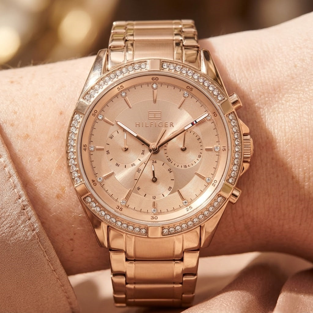 Close up shot of Tommy Hilfiger 1782558 on wrist showing sunray rose gold dial and crystal markers