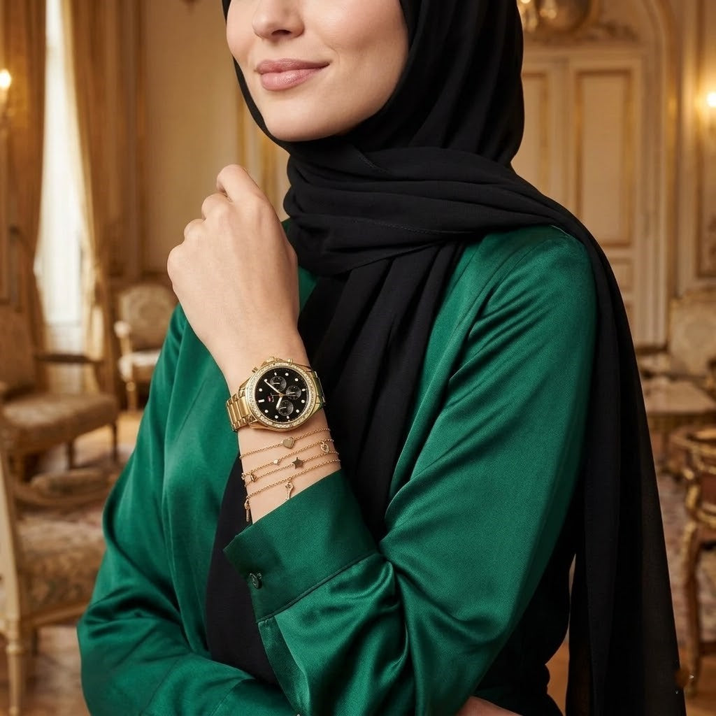 Lifestyle photo of Tommy Hilfiger 1782570 showing the glamorous gold watch on a woman's wrist