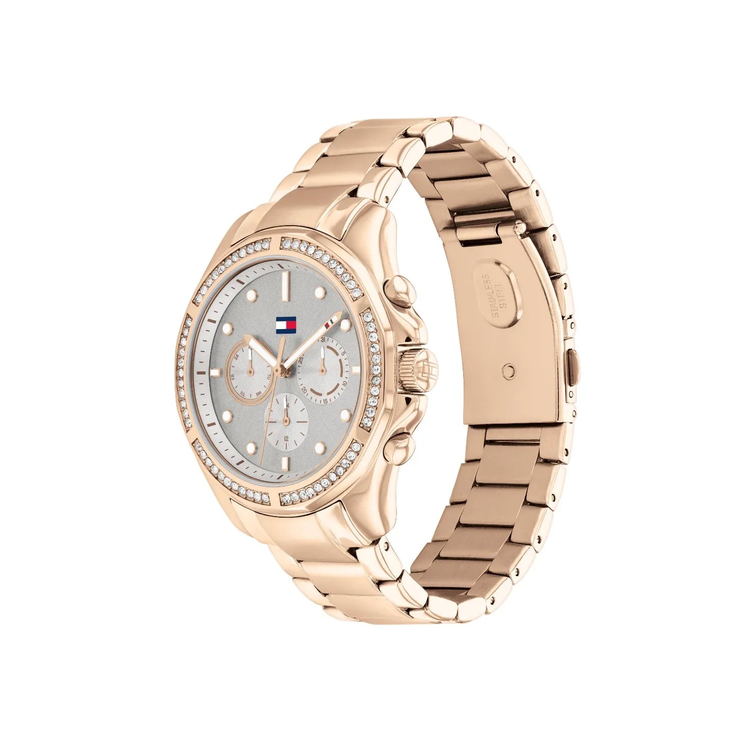 Angled real-life photo of Tommy Hilfiger 1782572 showing the polished rose gold case and silver dial