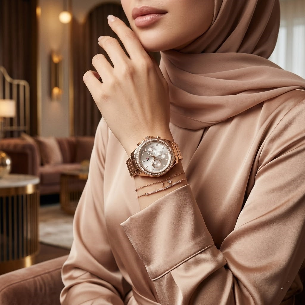 Lifestyle photo of Tommy Hilfiger 1782572 showing the glamorous rose gold watch on a woman's wrist