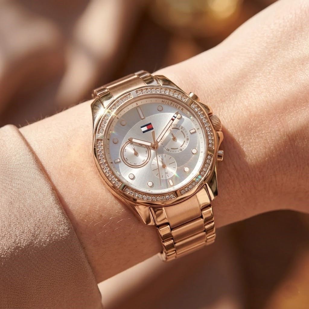 Close up shot of Tommy Hilfiger 1782572 on wrist showing crystal bezel and rose gold-tone sub-dials