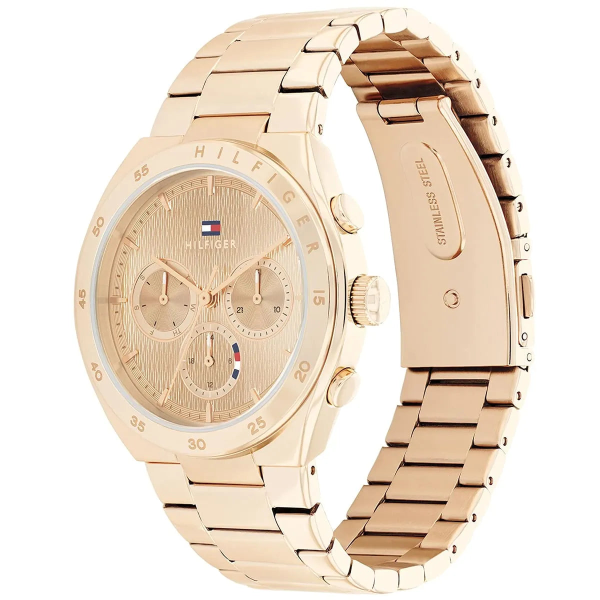 Angled real-life photo of Tommy Hilfiger 1782577 showing the polished rose gold case and wavy dial