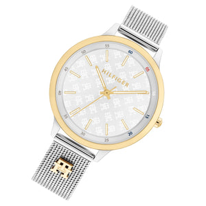 Right angled view of Tommy Hilfiger 1782586 women's quartz battery watch highlighting gold bezel and silver mesh finish