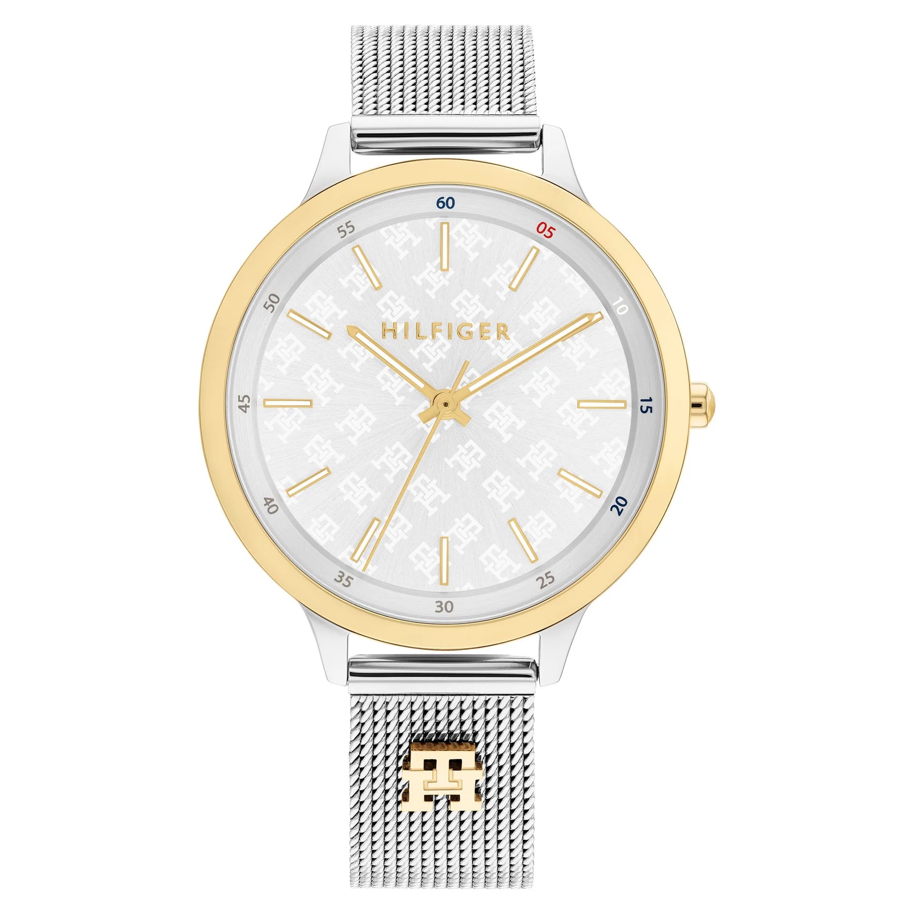 Tommy Hilfiger 1782586 women's quartz battery watch with white monogram dial, two-tone silver and gold case, silver mesh bracelet main view