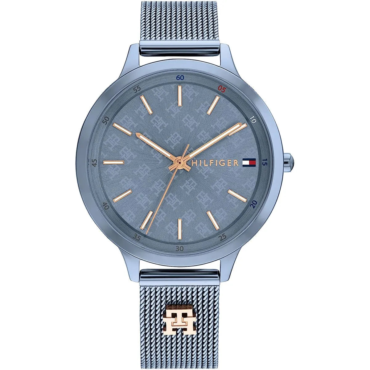Tommy Hilfiger Iris 1782589 women's watch with slate blue stainless steel case, monogram pattern dial, and mesh strap