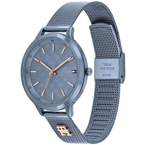 Angled view of Tommy Hilfiger 1782589 highlighting the slate blue ion-plated finish and the rose gold crown