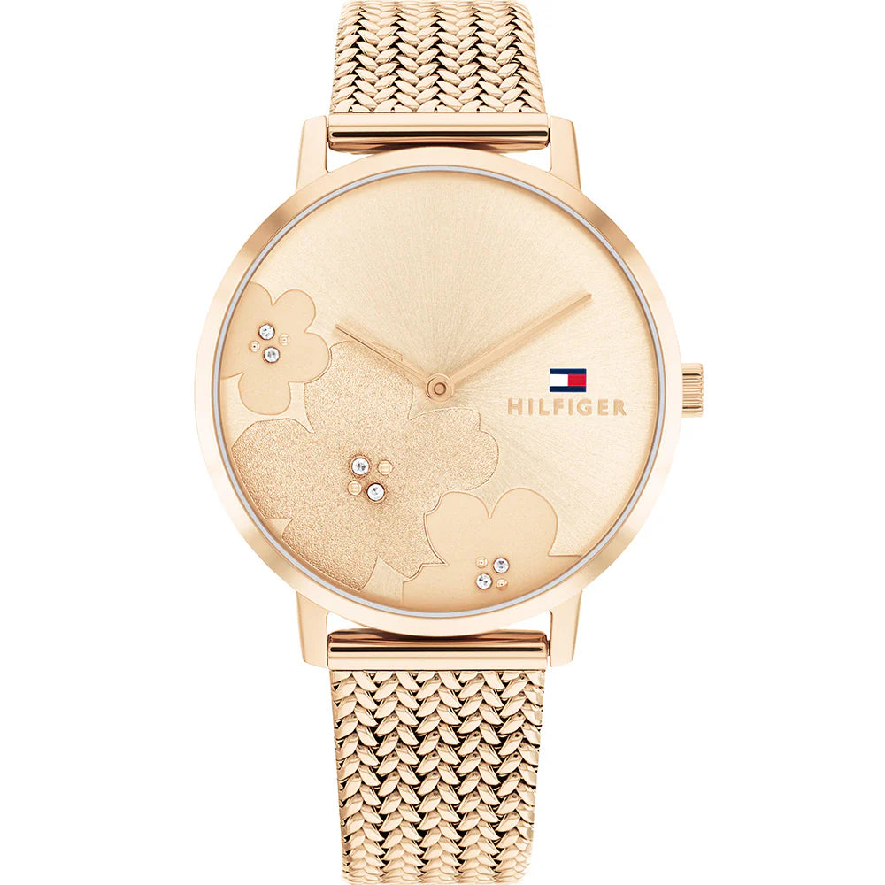 Tommy Hilfiger Carnation 1782603 women's quartz battery watch with Gold Rose floral crystal dial,Gold Rose case, Gold Rose stainless steel mesh strap main view
