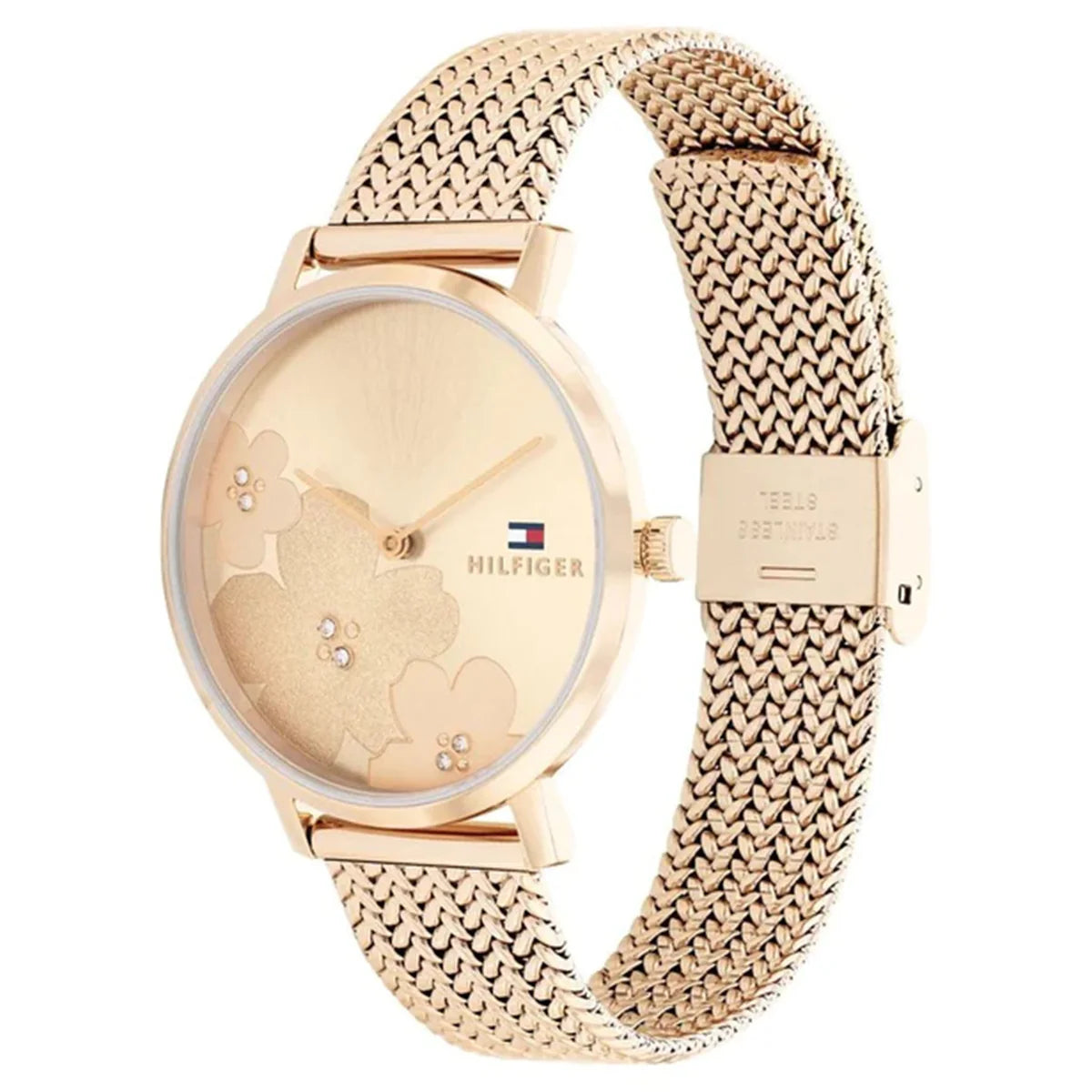 Left angled view of Tommy Hilfiger Carnation 1782603 women's quartz battery watch showing  Rose Gold mesh strap and  Rose Gold  case profile