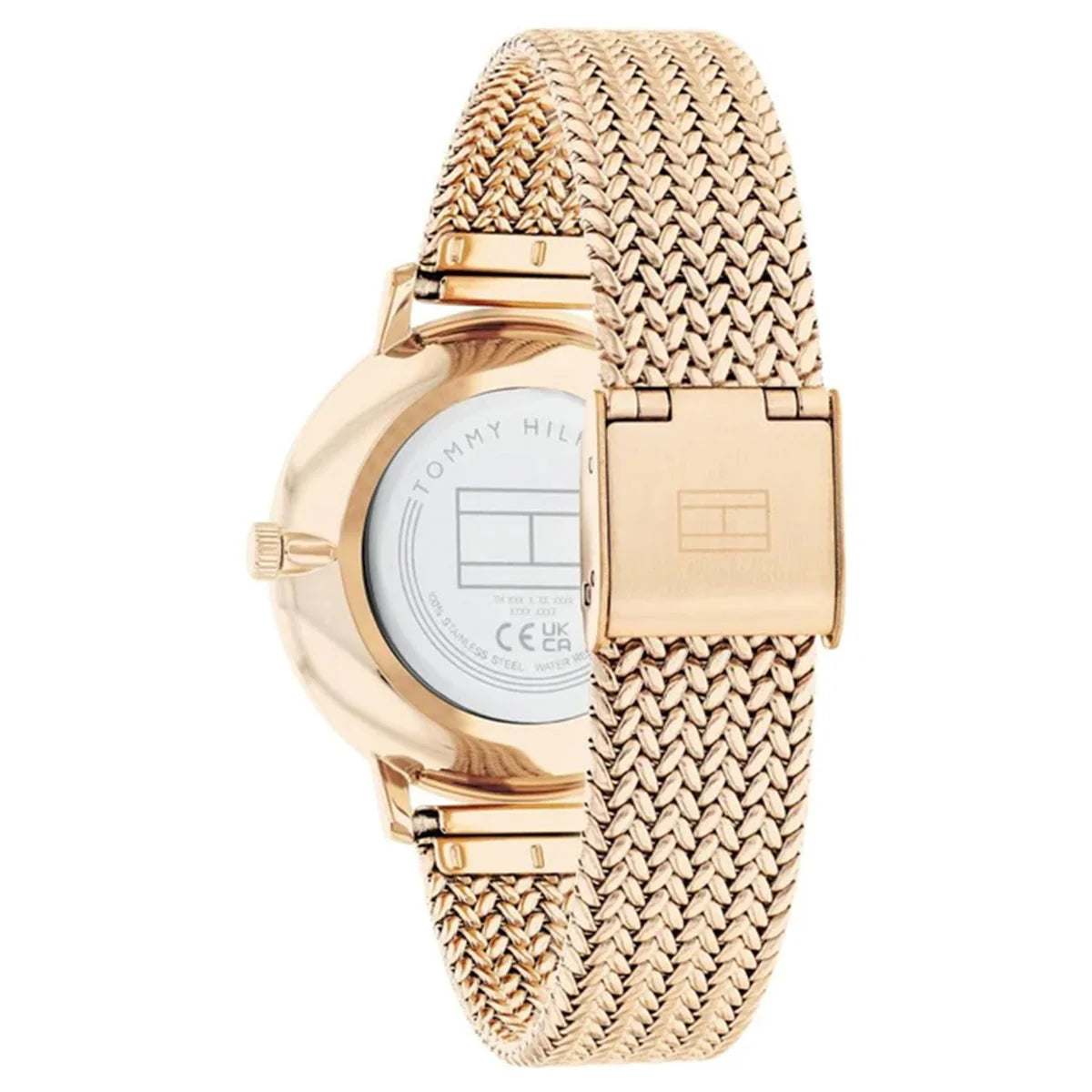 Gold-tone sliding jewelry buckle on Tommy Hilfiger Carnation 1782603 women's quartz battery  Rose Gold mesh strap watch