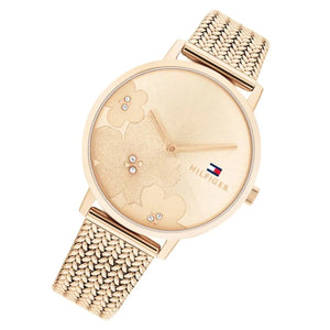 Side profile of Tommy Hilfiger Carnation 1782603 women's quartz battery watch showing 8mm thickness and  Rose Gold finish