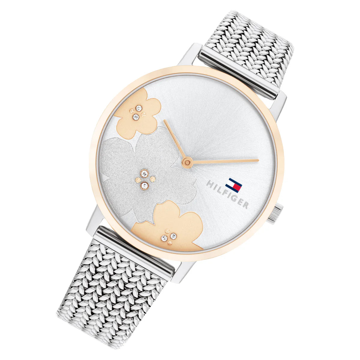 Left angled view of Tommy Hilfiger 1782604 women's quartz battery watch showing silver mesh strap and rose gold-tone bezel profile