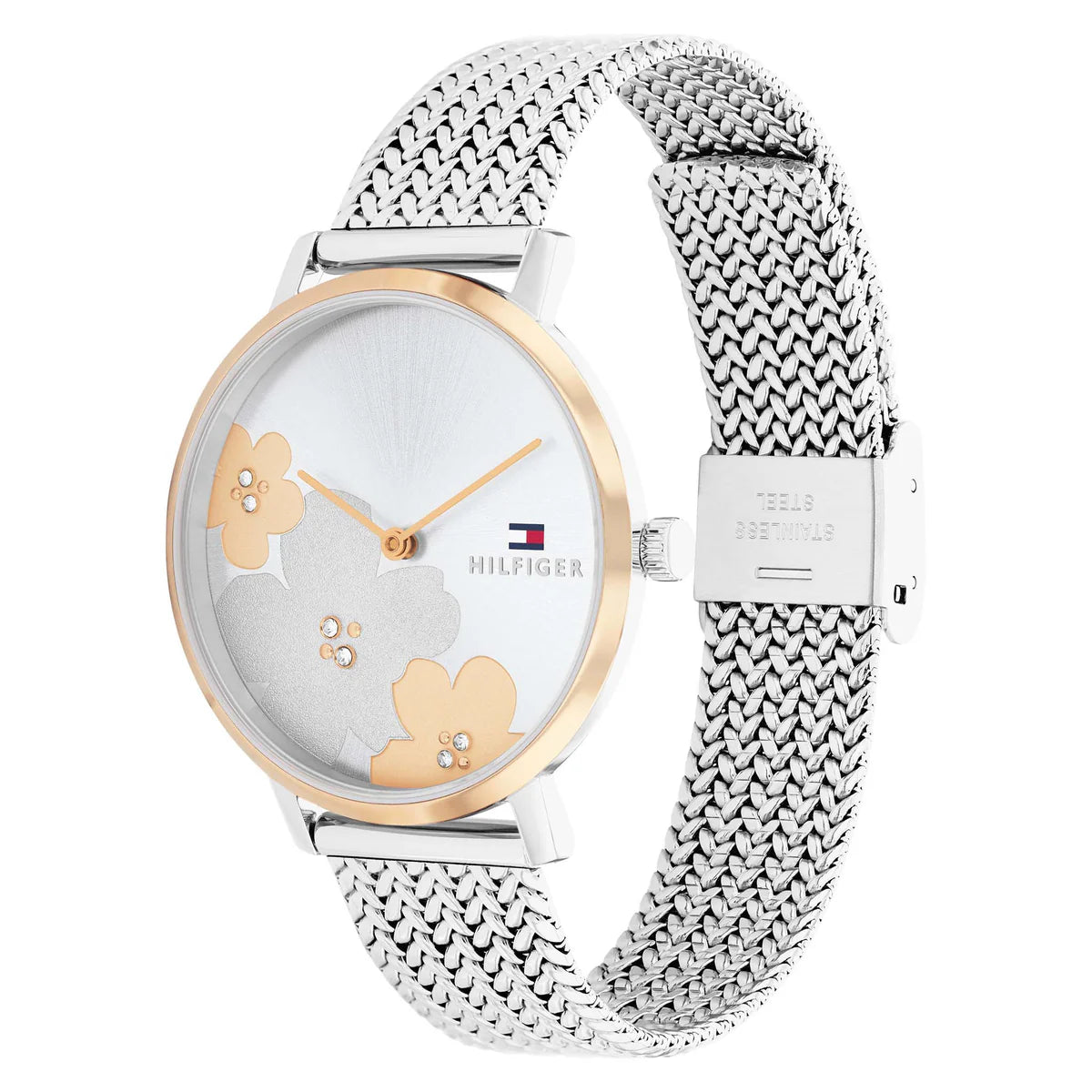 Right angled view of Tommy Hilfiger 1782604 women's quartz battery watch highlighting two-tone finish and slim profile details