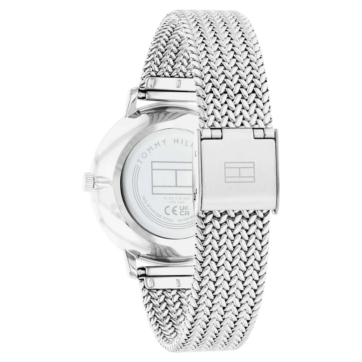 Silver-tone sliding jewelry buckle on Tommy Hilfiger 1782604 women's quartz battery silver mesh strap watch