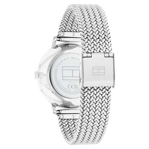 Silver-tone sliding jewelry buckle on Tommy Hilfiger 1782604 women's quartz battery silver mesh strap watch