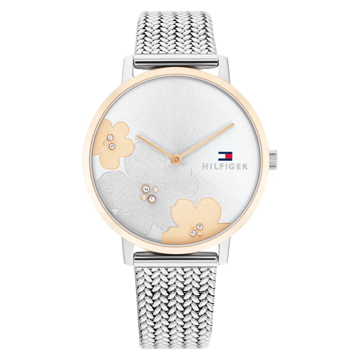 Tommy Hilfiger 1782604 women's quartz battery watch with silver floral dial, rose gold bezel accents, silver-tone case and stainless steel mesh strap main view