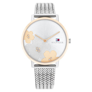 Tommy Hilfiger 1782604 women's quartz battery watch with silver floral dial, rose gold bezel accents, silver-tone case and stainless steel mesh strap main view