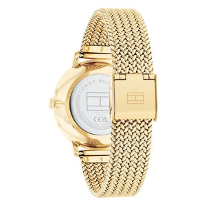 Gold-tone sliding jewelry buckle on Tommy Hilfiger 1782606 women's quartz battery gold mesh strap watch
