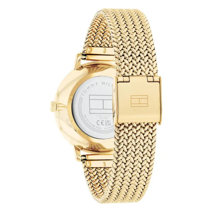Gold-tone sliding jewelry buckle on Tommy Hilfiger 1782606 women's quartz battery gold mesh strap watch