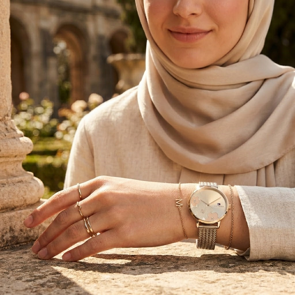 Elegant woman wearing Tommy Hilfiger 1782606 women's quartz battery watch with gold case and luxury gold floral dial