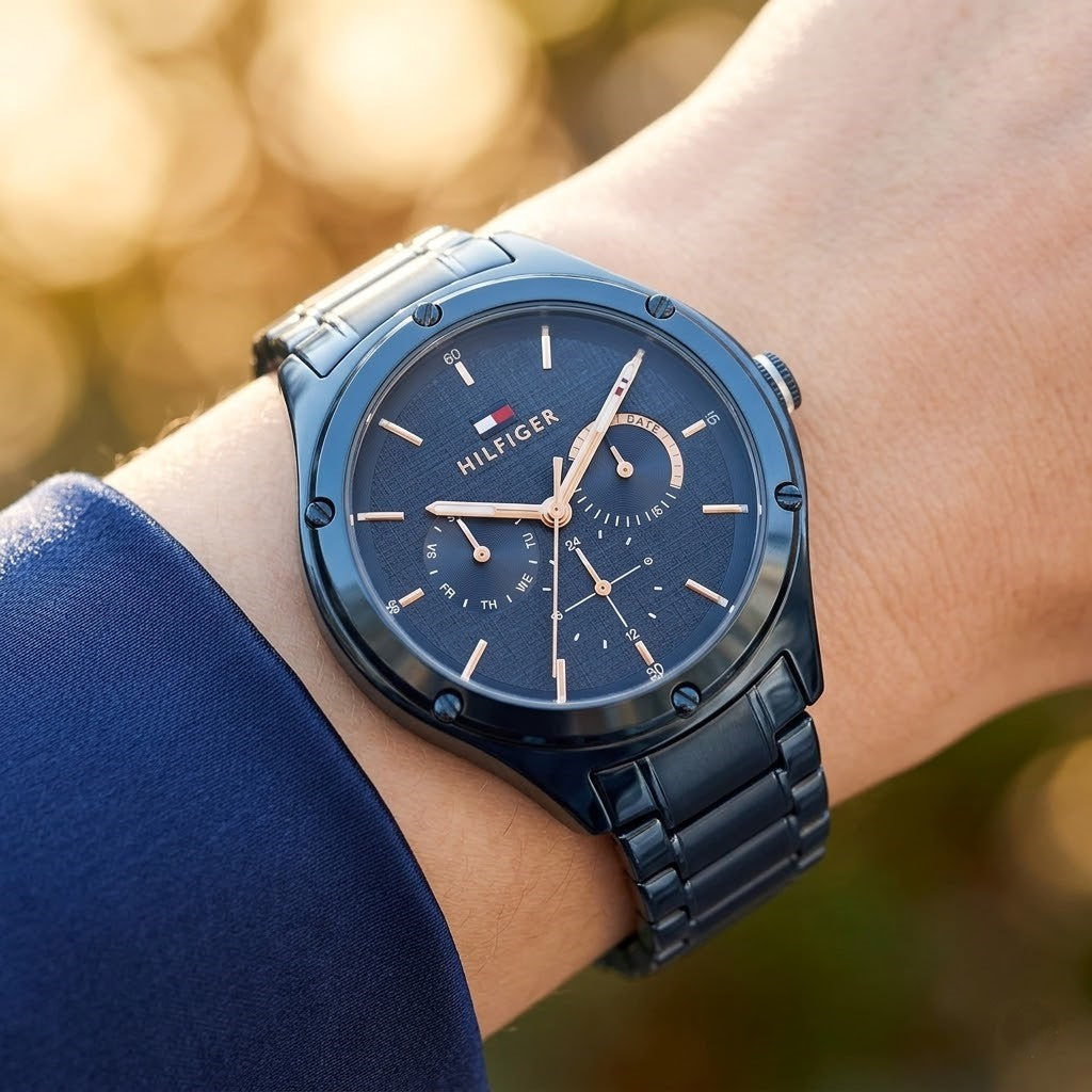 Close up shot of Tommy Hilfiger 1782656 on wrist showing navy blue dial and rose gold-tone hands