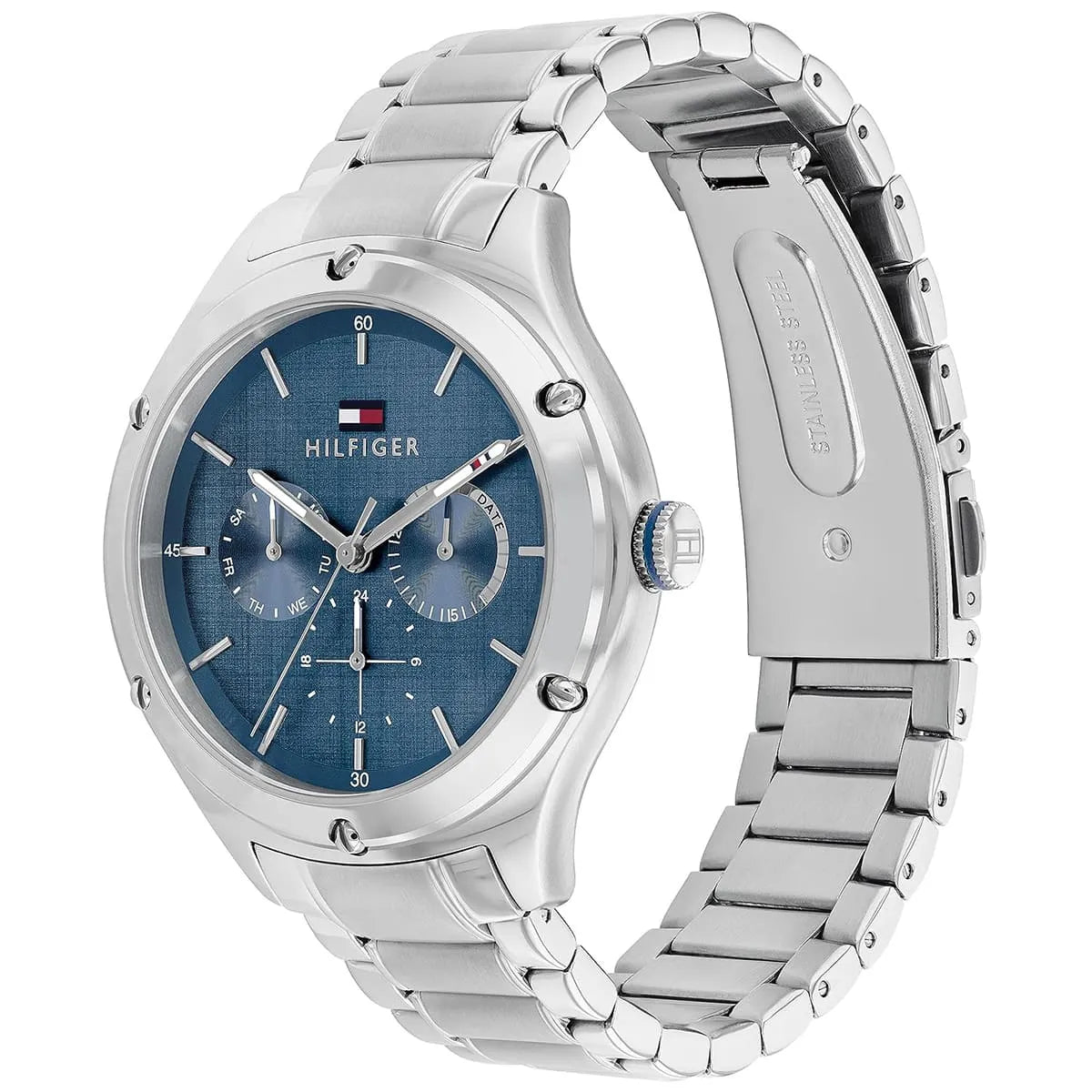 Angled real-life photo of Tommy Hilfiger 1782657 showing the polished silver case and navy dial