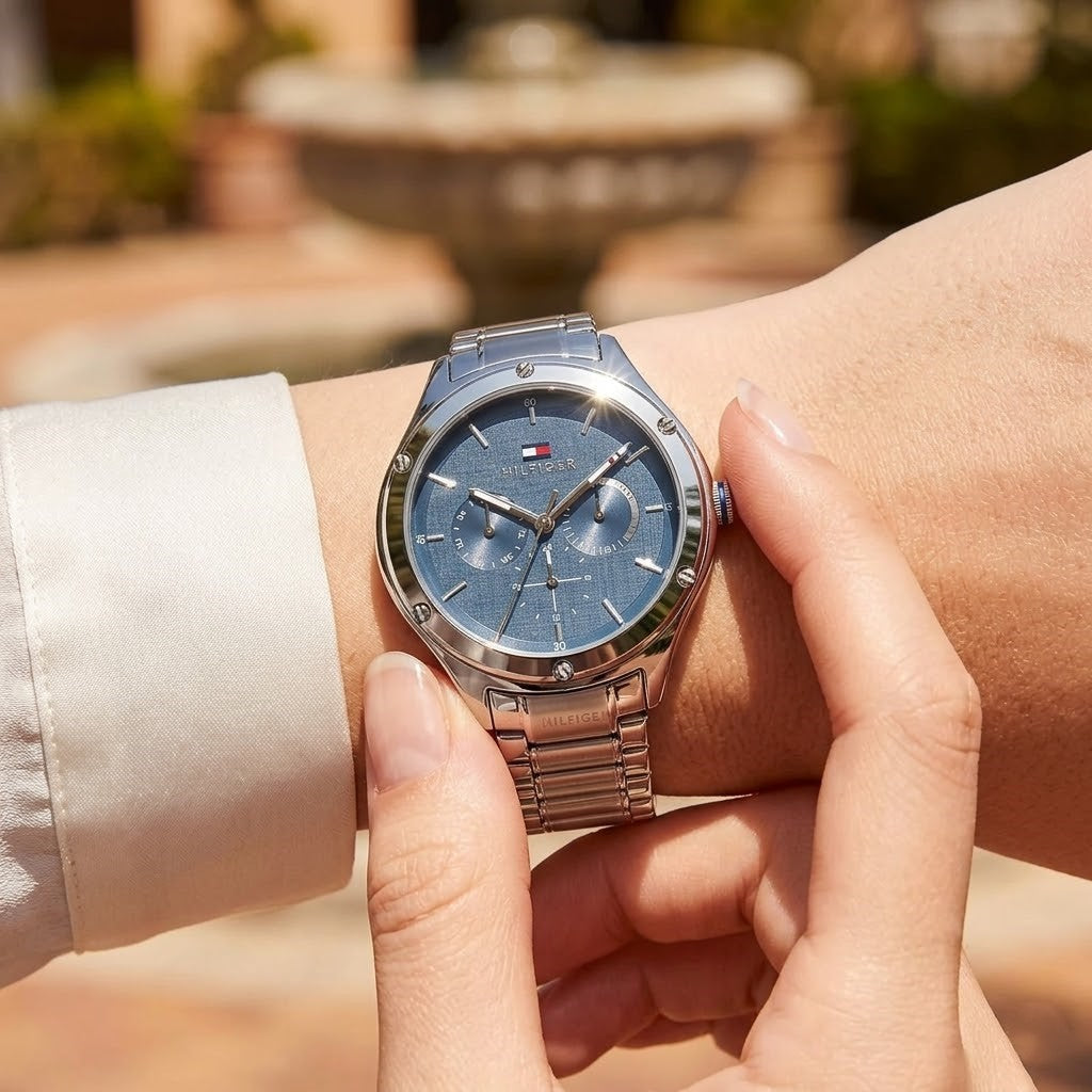 Close up shot of Tommy Hilfiger 1782657 on wrist showing navy blue dial and silver multi-function sub-dials