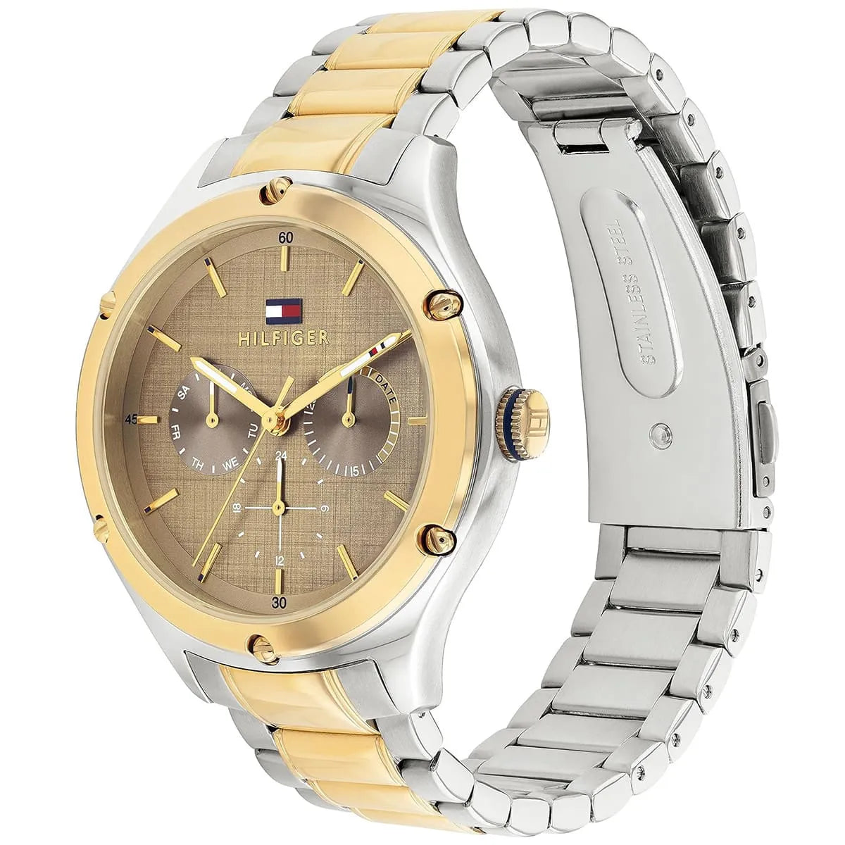 Angled real-life photo of Tommy Hilfiger 1782658 showing the polished gold bezel and bronze dial