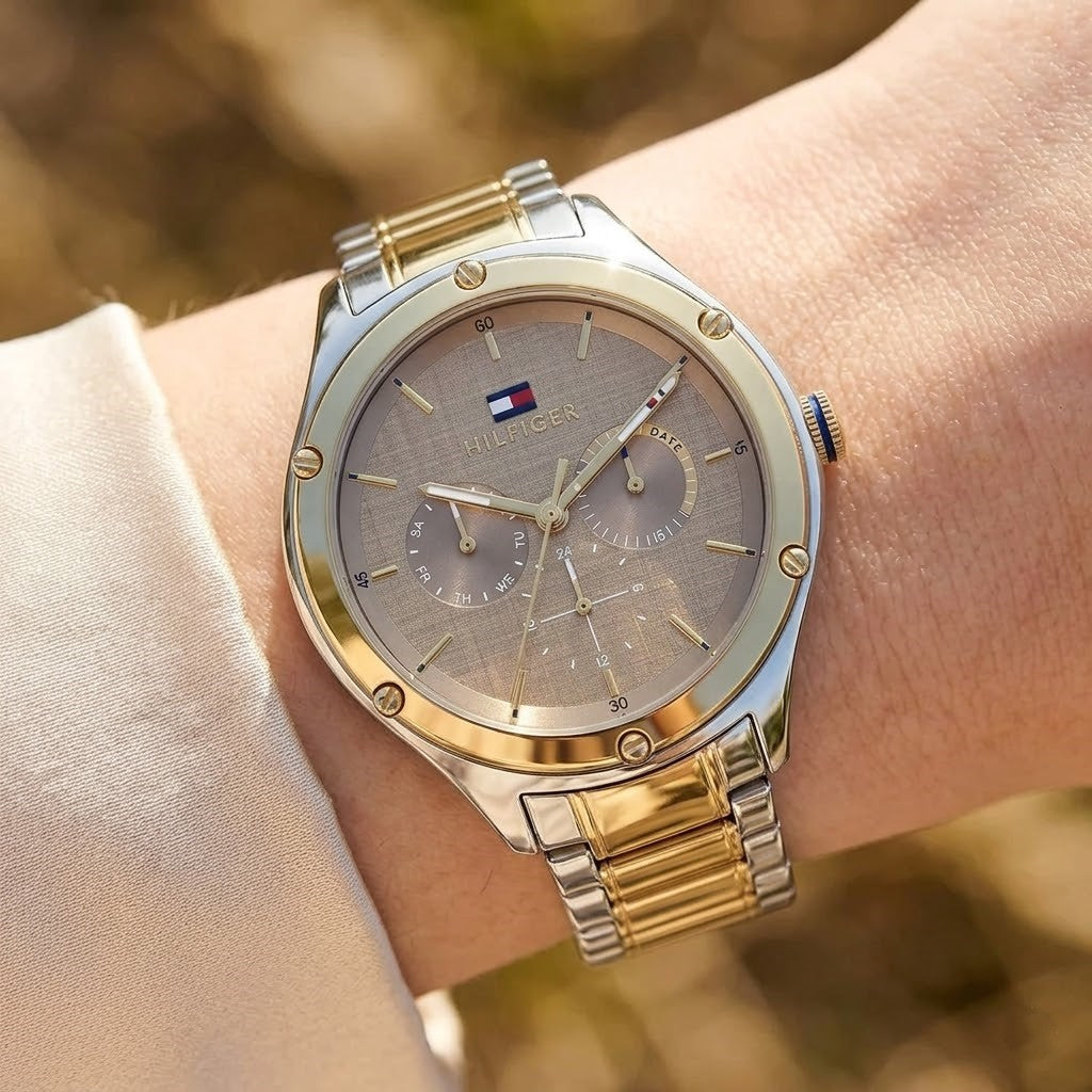 Close up shot of Tommy Hilfiger 1782658 on wrist showing bronze dial and gold-tone sub-dials