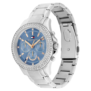 Angled real-life photo of Tommy Hilfiger 1782690 showing the polished silver case and light blue dial