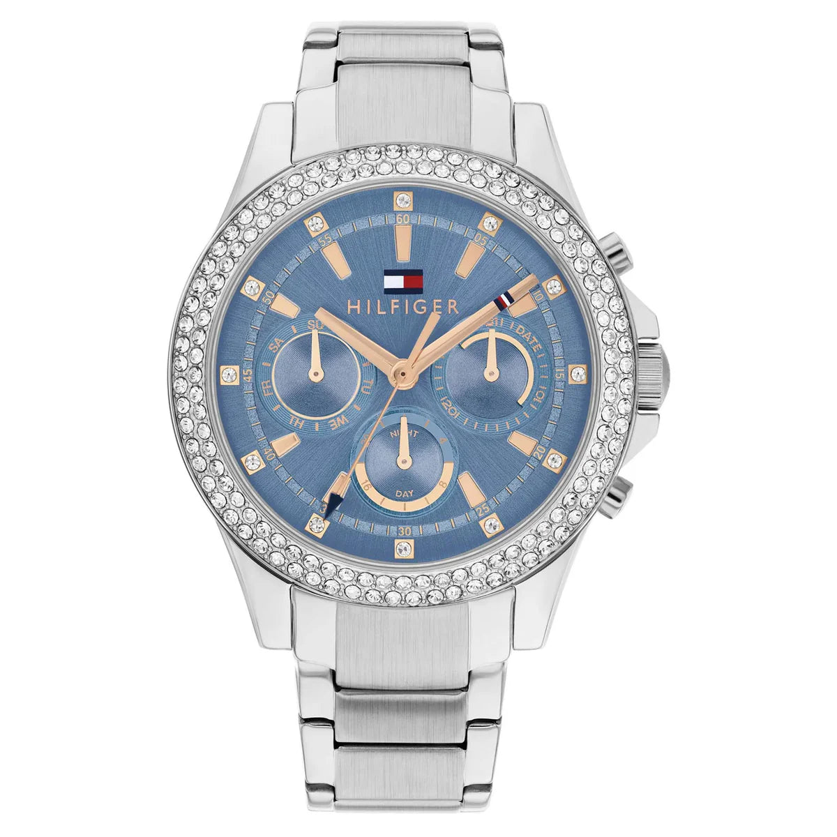 Authentic real-life photo of Tommy Hilfiger 1782690 showing actual silver finish and light blue dial
