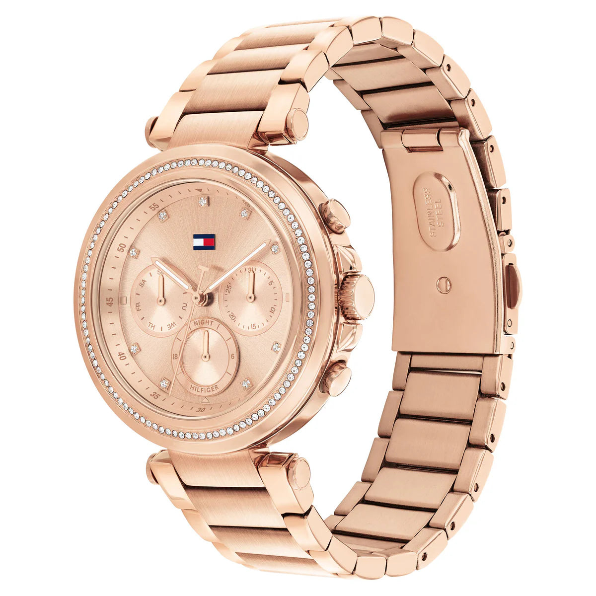Angled real-life photo of Tommy Hilfiger 1782705 showing the polished rose gold case and crystal detail