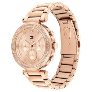 Angled real-life photo of Tommy Hilfiger 1782705 showing the polished rose gold case and crystal detail