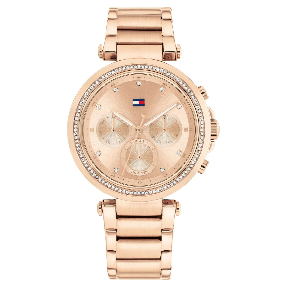 Authentic real-life photo of Tommy Hilfiger 1782705 showing actual rose gold finish and crystal bezel