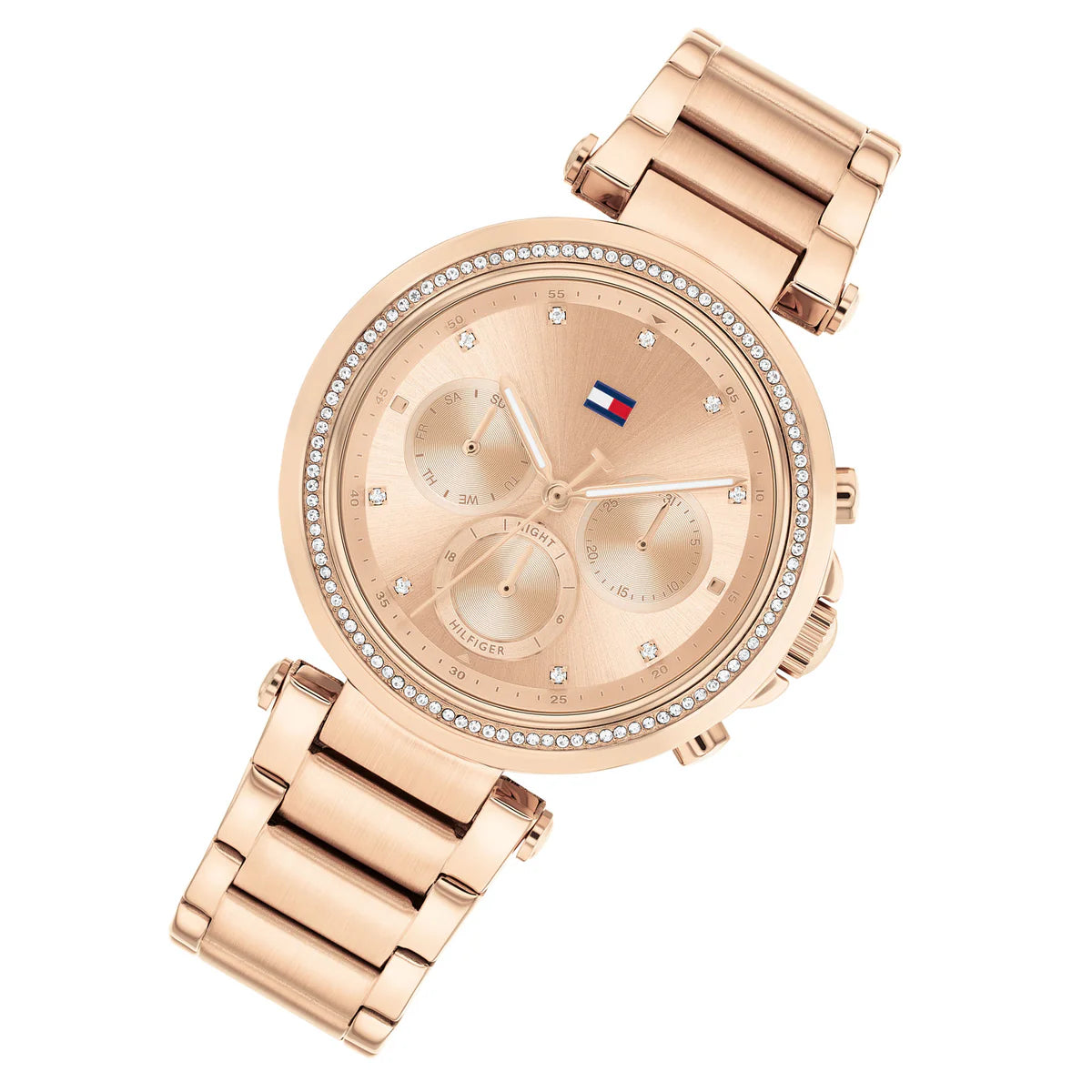 Side view photo of Tommy Hilfiger 1782705 showing case thickness and rose gold crown detail