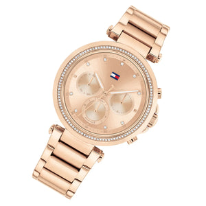 Side view photo of Tommy Hilfiger 1782705 showing case thickness and rose gold crown detail