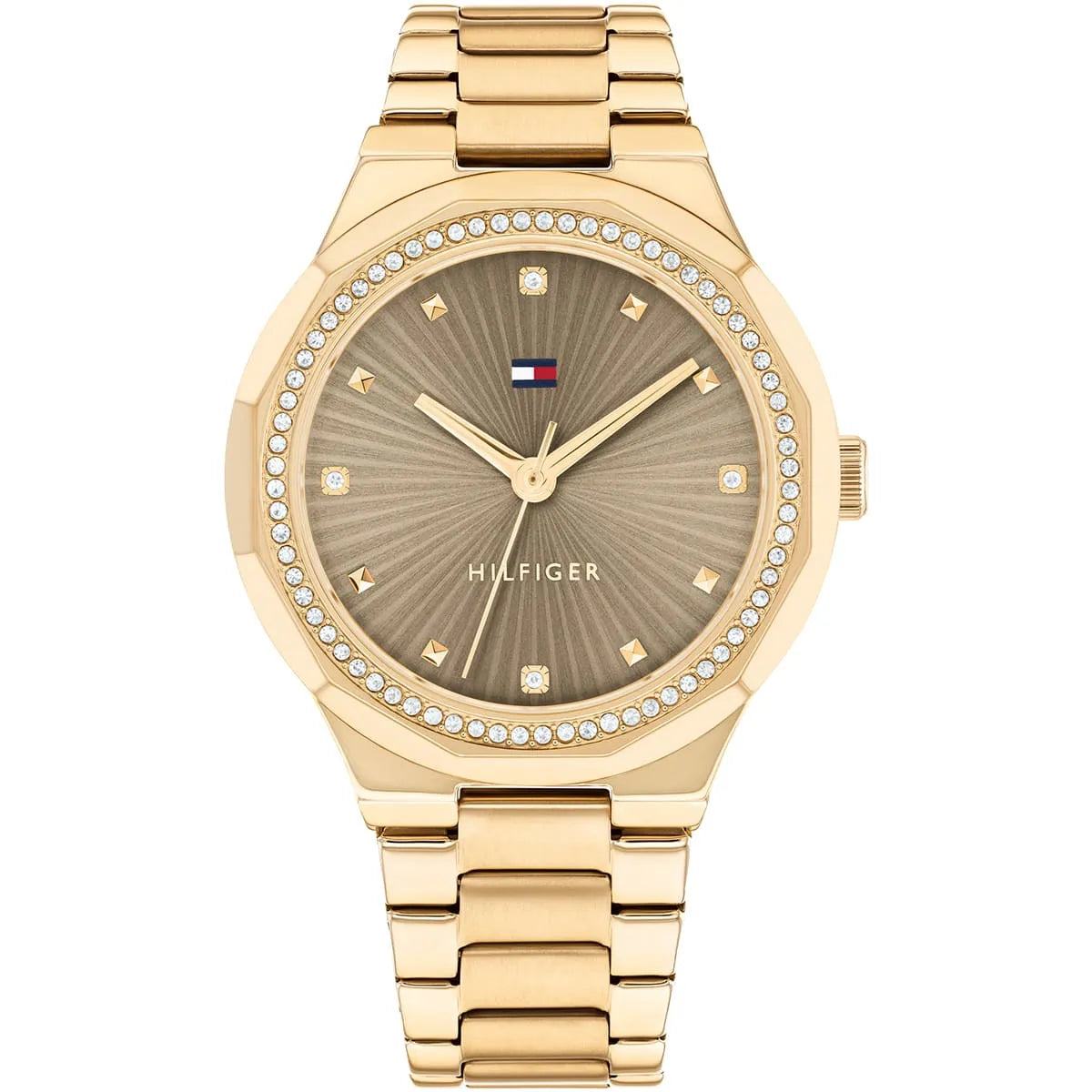 Authentic real-life photo of Tommy Hilfiger 1782725 showing actual gold finish and crystal bezel