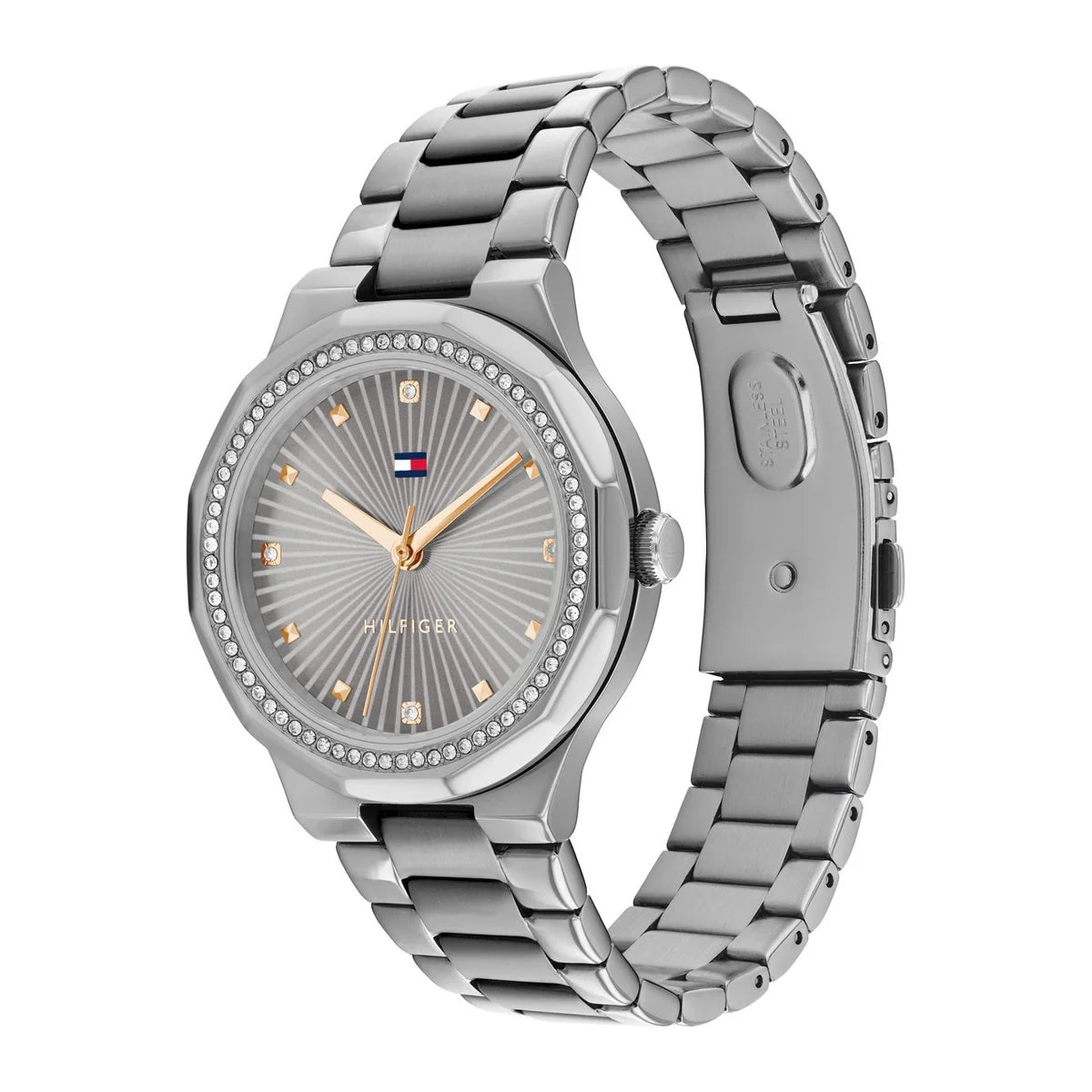 Angled real-life photo of Tommy Hilfiger 1782727 showing the polished silver case and crystal detail
