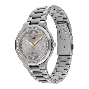 Angled real-life photo of Tommy Hilfiger 1782727 showing the polished silver case and crystal detail