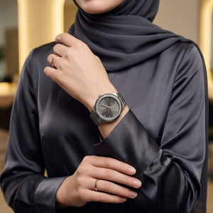 Lifestyle photo of Tommy Hilfiger 1782727 showing the elegant silver watch on a woman's wrist