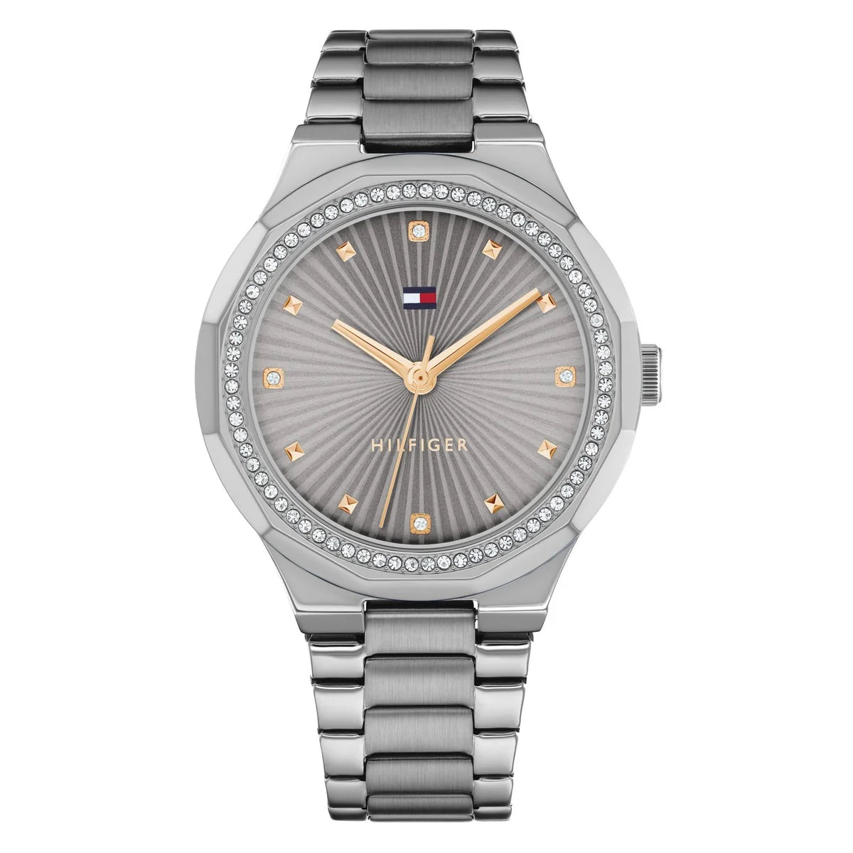 Authentic real-life photo of Tommy Hilfiger 1782727 showing actual silver finish and crystal bezel