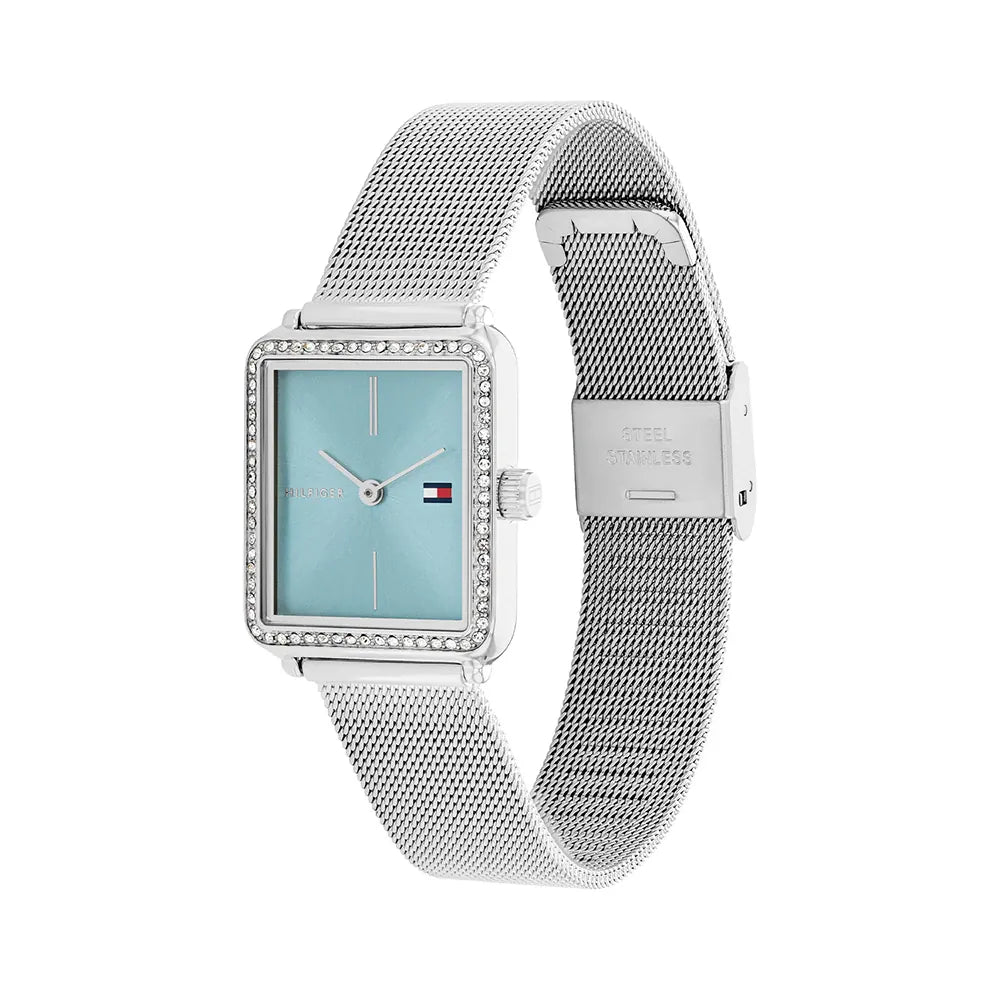 Right angled view of Tommy Hilfiger Tea 1782789 women's quartz battery watch highlighting silver finish and square crystal details
