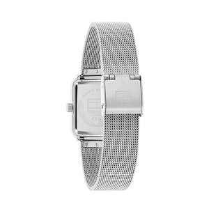 Silver-tone sliding jewelry buckle on Tommy Hilfiger Tea 1782789 women's quartz battery silver mesh strap watch