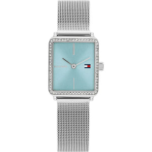 Tommy Hilfiger Tea 1782789 women's quartz battery watch with light blue sunray dial, silver square case with crystals, silver stainless steel mesh strap main view