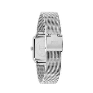 Silver-tone sliding jewelry buckle on Tommy Hilfiger Tea 1782790 women's quartz battery silver mesh strap watch