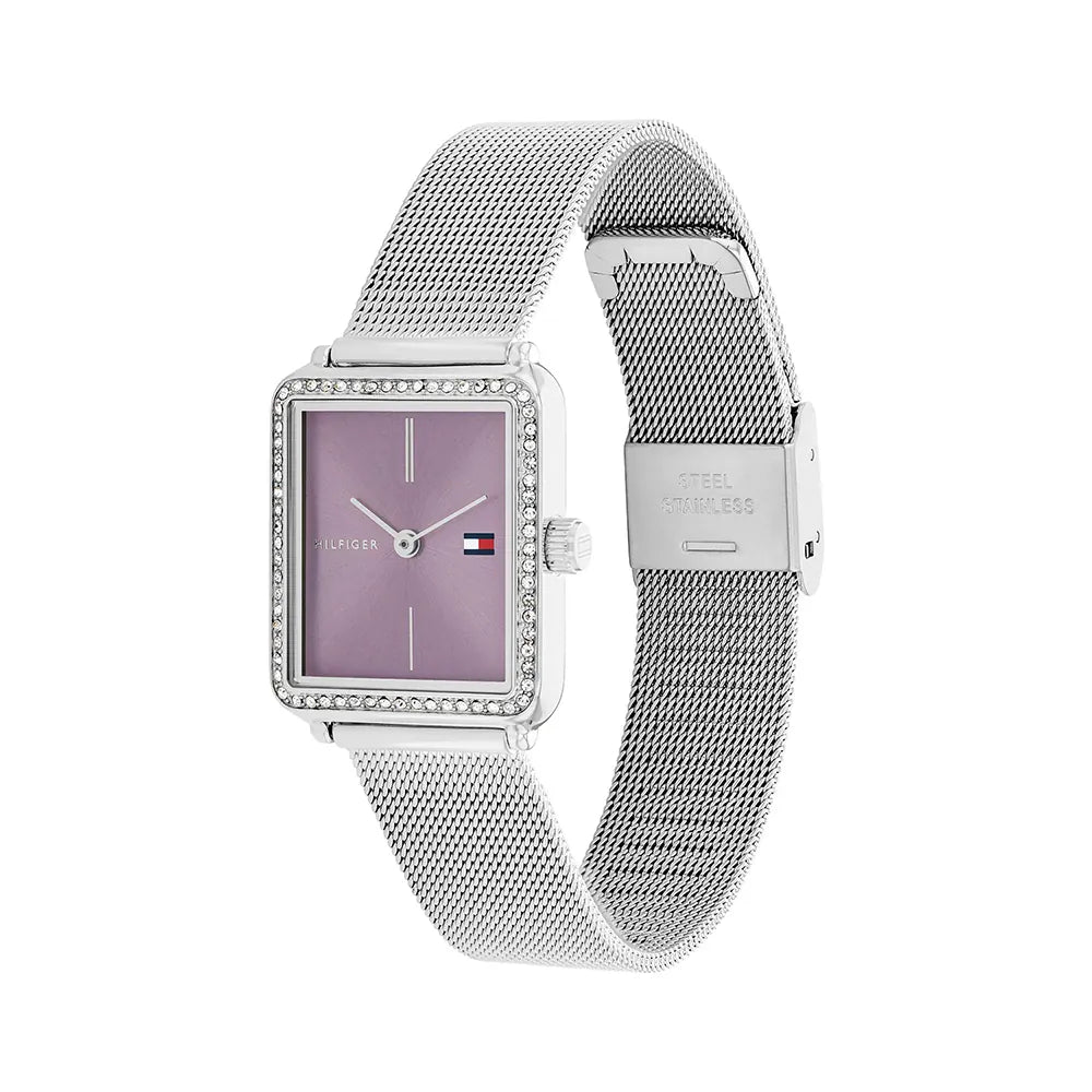Side profile of Tommy Hilfiger Tea 1782790 women's quartz battery watch showing 7.5mm thickness and silver finish